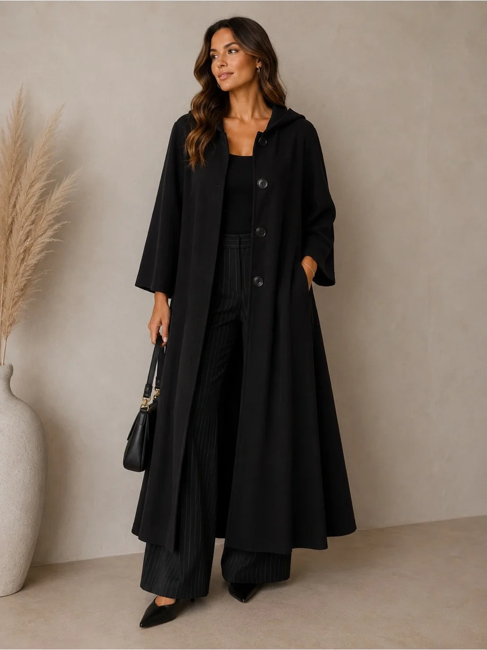 Black Long Hooded Coat - Women's Elegant Outerwear